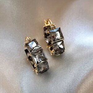 Gold Tone Huggie Earrings w/ Black Princess Cut Stones and Tons of Bling #1491